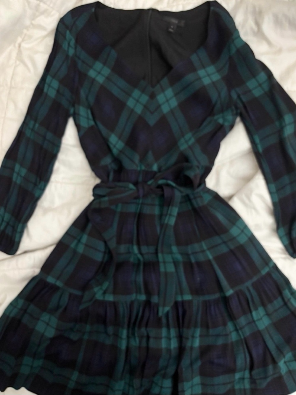NWOT J. Crew Long Sleeve Tartan Blue Green Plaid Drapey Pleated Dress Size 6